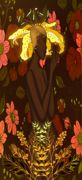 Artistic depiction of a figure surrounded by flowers on a dark background