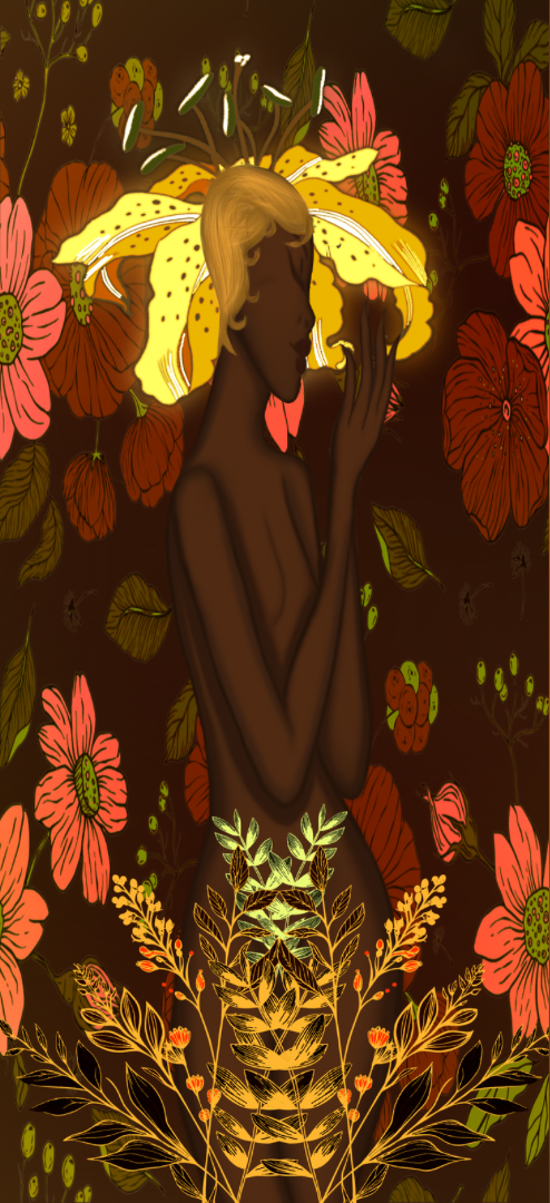 Artistic depiction of a figure surrounded by flowers on a dark background